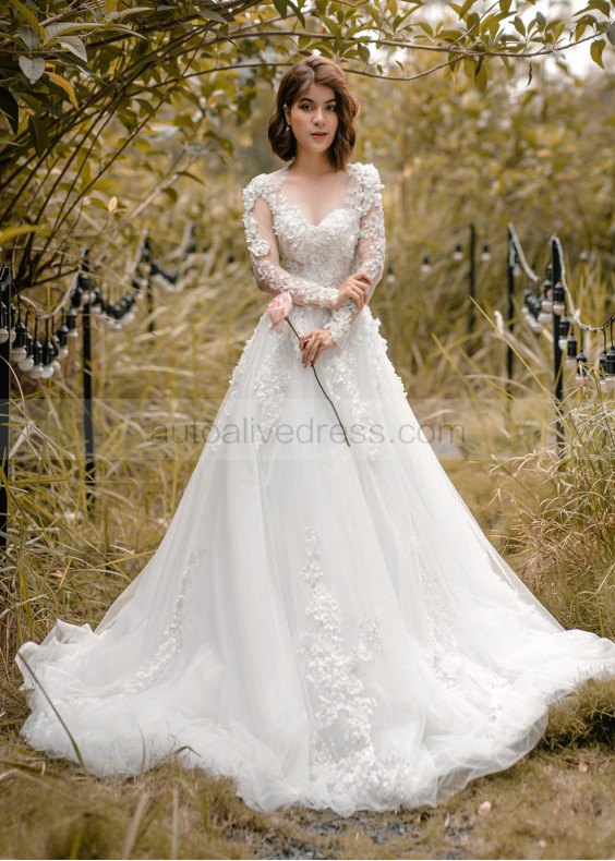 Long Sleeve Beaded Ivory Lace Sparkle Tulle Wedding Dress